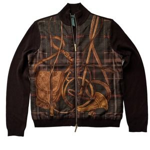 Lauren Ralph Lauren Brown Plaid Zip-Front Sweater Cardigan with Equestrian Print